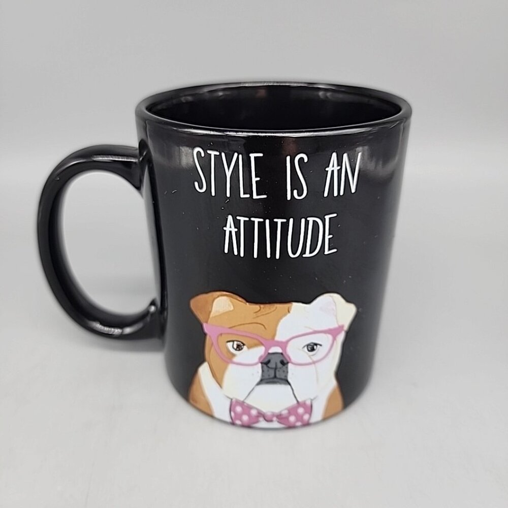 Bull Dog Chasing Baxter- Style Is An Attitude- Black Ceramic  Coffee Mug Cup